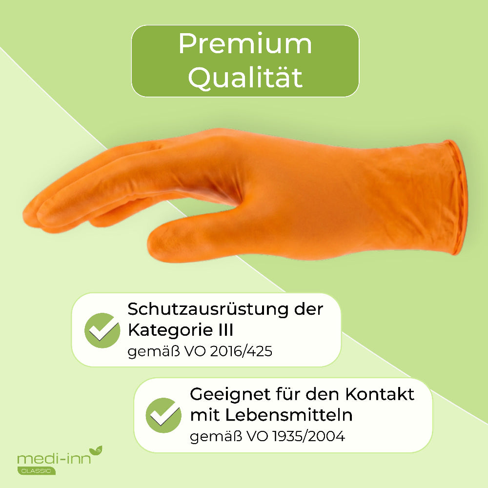 Hinweis: Premium Qualität, Schutzausrüstung der Kategorie 3, Geeignet für den Kontakt mit Lebensmitteln.