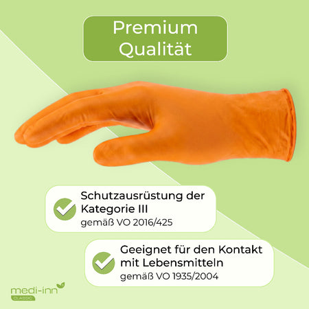Hinweis: Premium Qualität, Schutzausrüstung der Kategorie 3, Geeignet für den Kontakt mit Lebensmitteln.