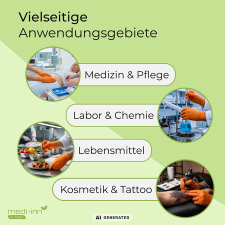 Hinweis auf die vielseitigen Anwendungsgebiete des Medi-Inn Nitril Apple Green Einmalhandschuhs: Medizin & Pflege, Labor & Chemie, Lebensmittel, Kosmetik & Tattoo.