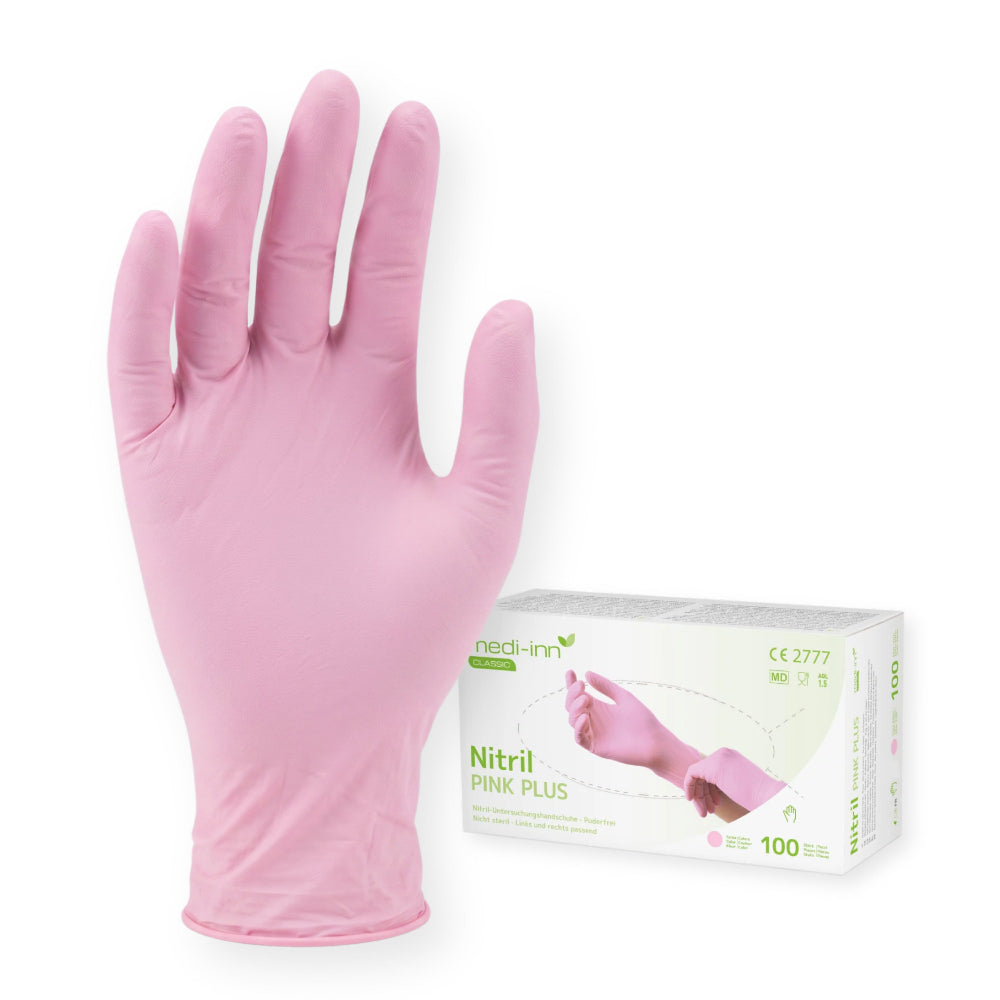Frontalansicht des Medi-Inn Nitril Pink Plus Handschuhs und der Verpackung.