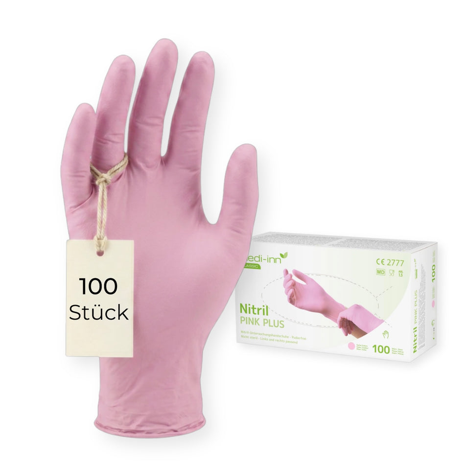 Frontalansicht eines Medi-Inn Nitril Pink Plus Einmalhandschuhs neben der Verpackung mit 100 Stück.