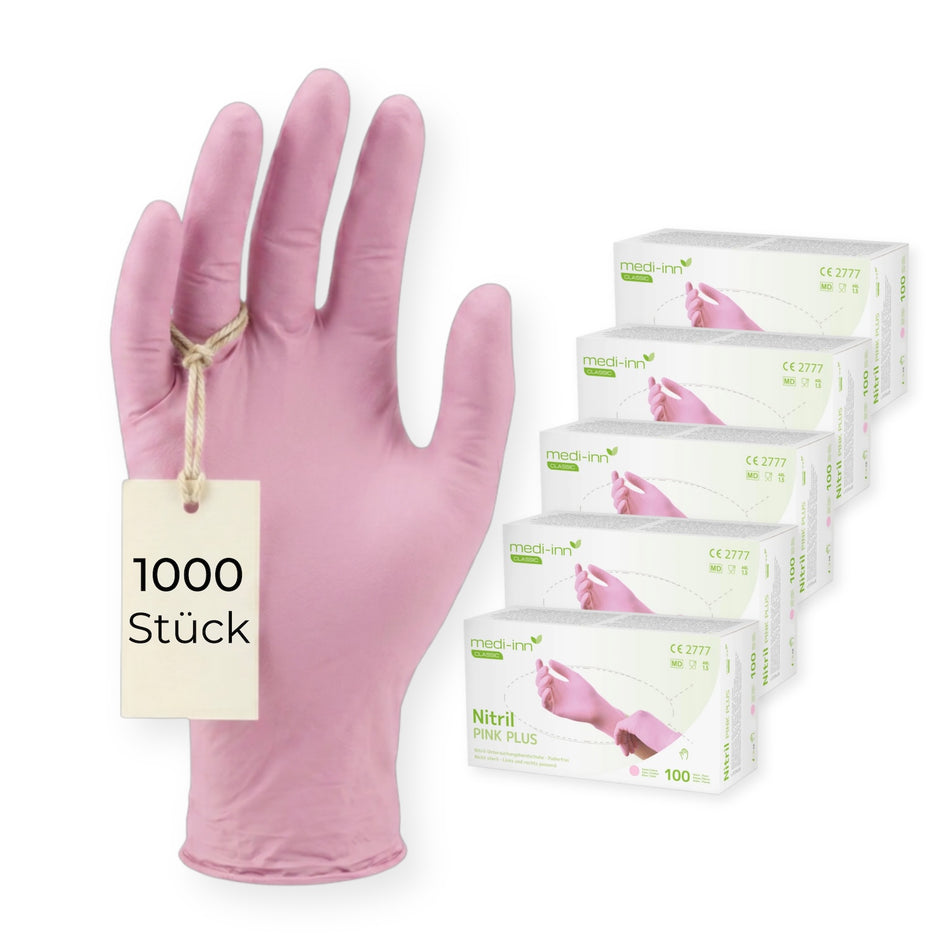 Frontalansicht eines Medi-Inn Nitril Pink Plus Einmalhandschuhs neben den Verpackungen mit 1000 Stück.