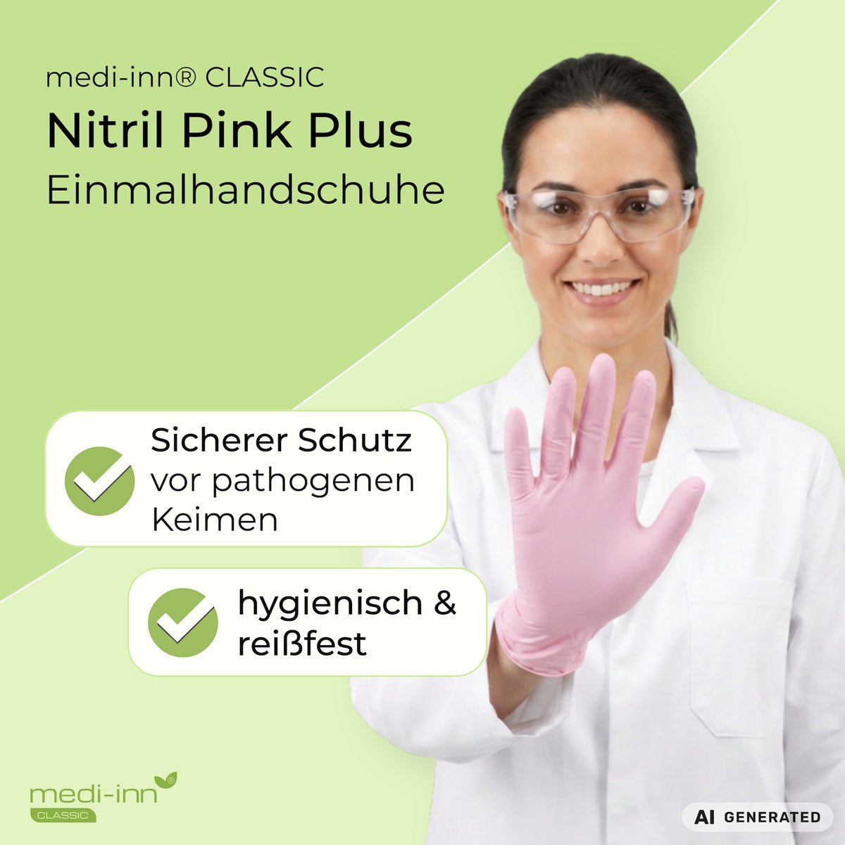 Eine Fachkraft aus dem Labor trägt den Medi-Inn Nitril Pink Plus Einmalhandschuh. Daneben die Hinweise: Sicherer Schutz vor pathogenen Keimen, hygienisch & reißfest.