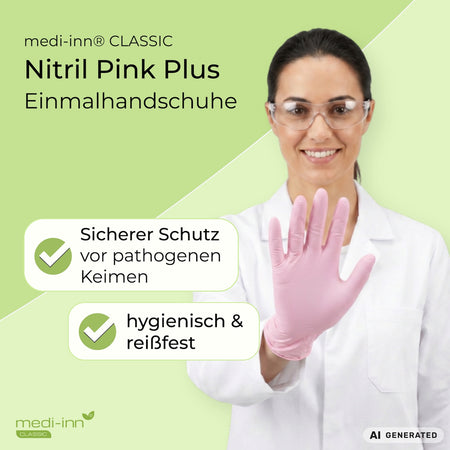 Eine Fachkraft aus dem Labor trägt den Medi-Inn Nitril Pink Plus Einmalhandschuh. Daneben die Hinweise: Sicherer Schutz vor pathogenen Keimen, hygienisch & reißfest.