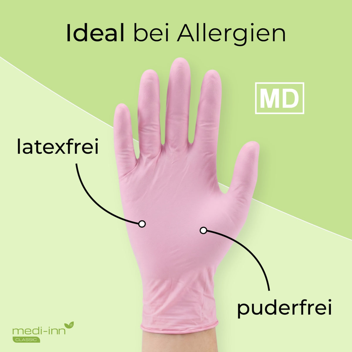 Frontalansicht eines Medi-Inn Nitril Pink Plus Einmalhandschuhs mit den Hinweisen: latexfrei, puderfrei, Medizinprodukt.