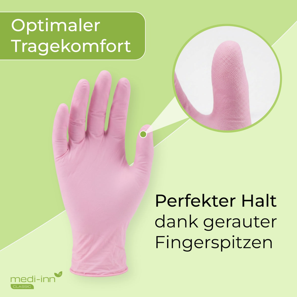 Frontalansicht eines Medi-Inn Nitril Pink Plus Einmalhandschuhs mit den Hinweisen: Optimaler Tragekomfort, Perfekter Halt dank gerauter Fingerspitzen.