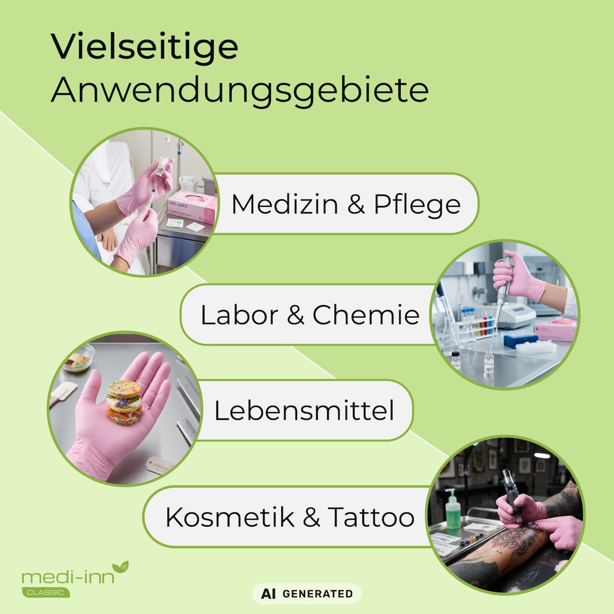 Hinweis auf die vielseitigen Anwendungsgebiete des Medi-Inn Nitril Pink Plus Einmalhandschuhs: Medizin & Pflege, Labor & Chemie, Lebensmittel, Kosmetik & Tattoo.