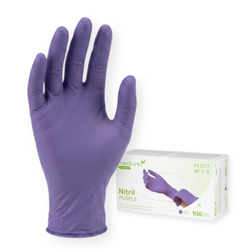 Frontalansicht des Medi-Inn Nitril Purple Handschuhs und der Verpackung.
