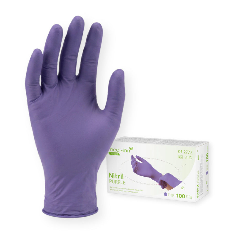 Frontalansicht des Medi-Inn Nitril Purple Handschuhs und der Verpackung.