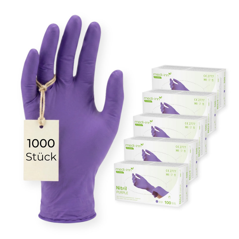 Frontalansicht eines Medi-Inn Nitril Purple Einmalhandschuhs neben den Verpackungen mit 1000 Stück.