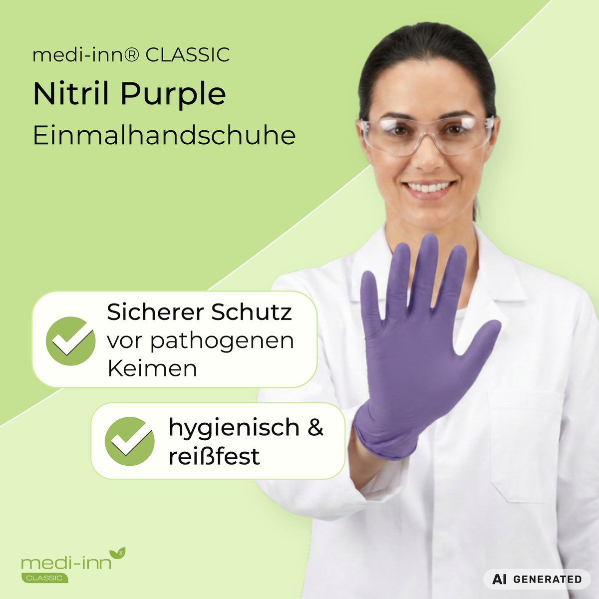 Eine Fachkraft aus dem Labor trägt den Medi-Inn Nitril Purple Einmalhandschuh. Daneben die Hinweise: Sicherer Schutz vor pathogenen Keimen, hygienisch & reißfest.