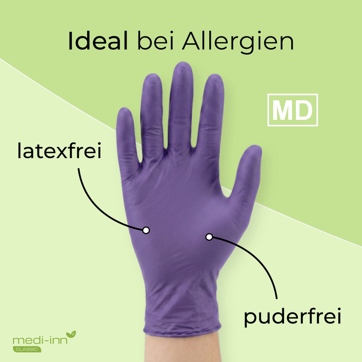 Frontalansicht eines Medi-Inn Nitril Purple Einmalhandschuhs mit den Hinweisen: latexfrei, puderfrei, Medizinprodukt.