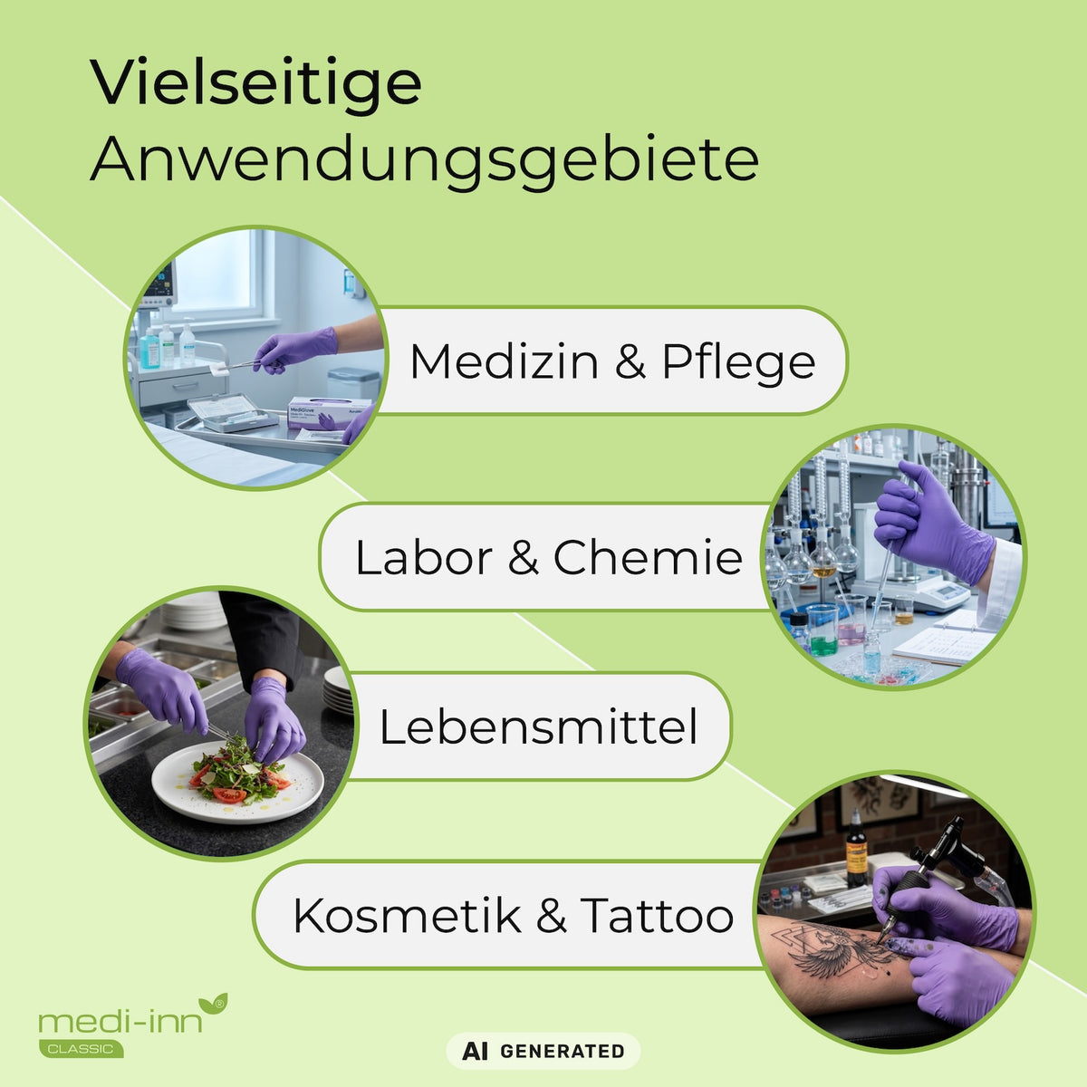 Hinweis auf die vielseitigen Anwendungsgebiete des Medi-Inn Nitril Purple Einmalhandschuhs: Medizin & Pflege, Labor & Chemie, Lebensmittel, Kosmetik & Tattoo.