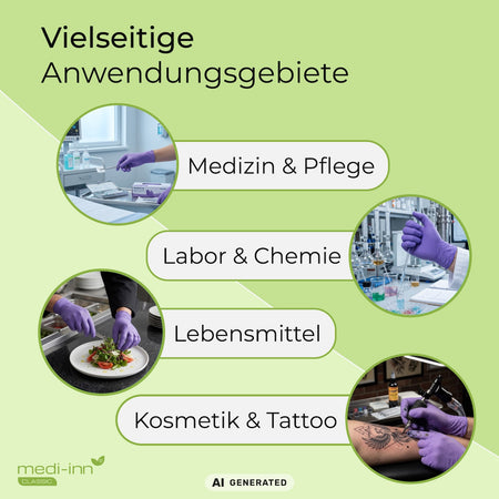 Hinweis auf die vielseitigen Anwendungsgebiete des Medi-Inn Nitril Purple Einmalhandschuhs: Medizin & Pflege, Labor & Chemie, Lebensmittel, Kosmetik & Tattoo.