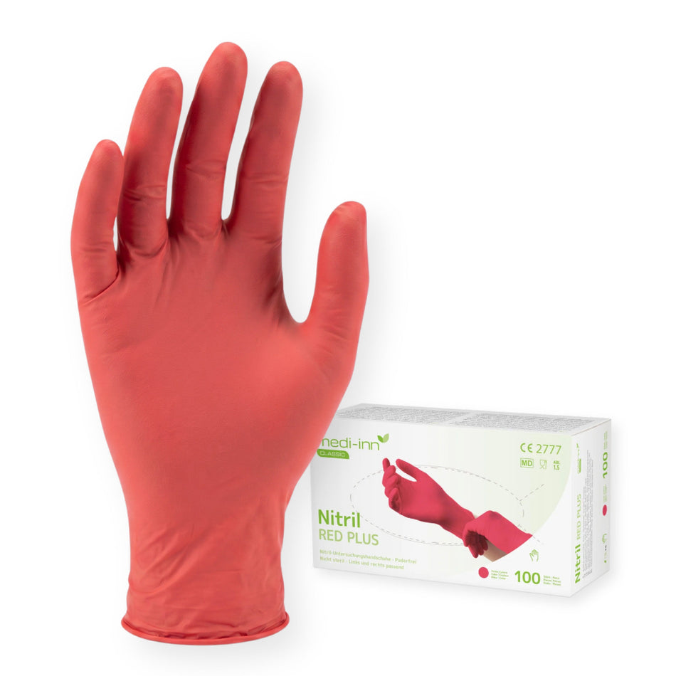 Frontalansicht des Medi-Inn Nitril Red Plus Handschuhs und der Verpackung.