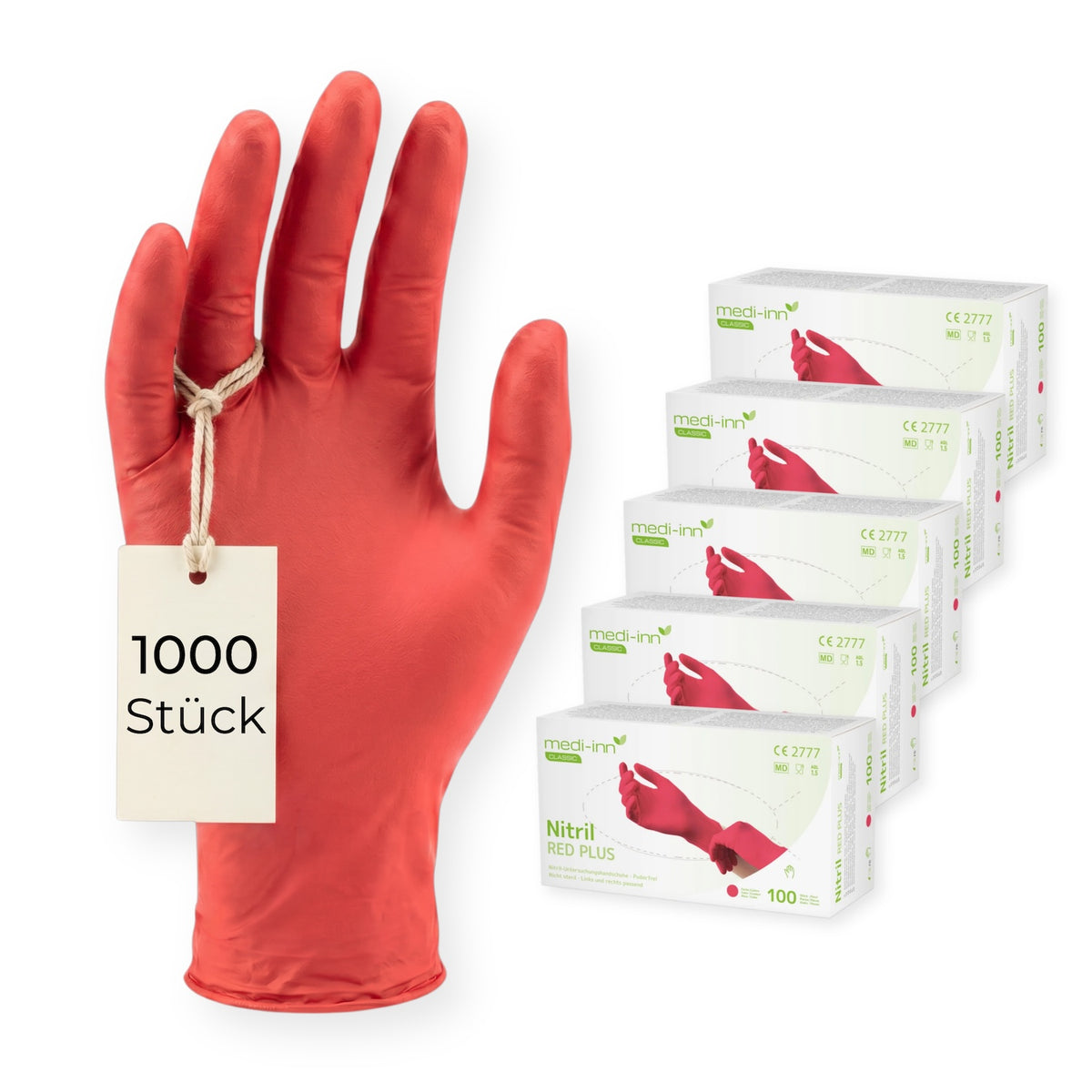 Frontalansicht eines Medi-Inn Nitril Red Plus Einmalhandschuhs neben den Verpackungen mit 1000 Stück.