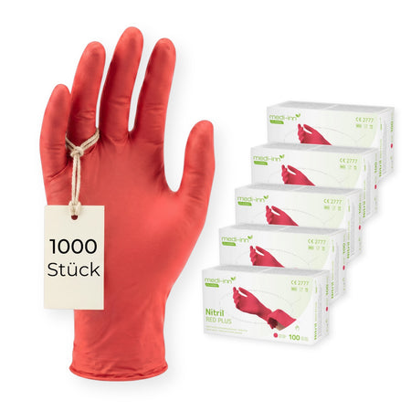 Frontalansicht eines Medi-Inn Nitril Red Plus Einmalhandschuhs neben den Verpackungen mit 1000 Stück.