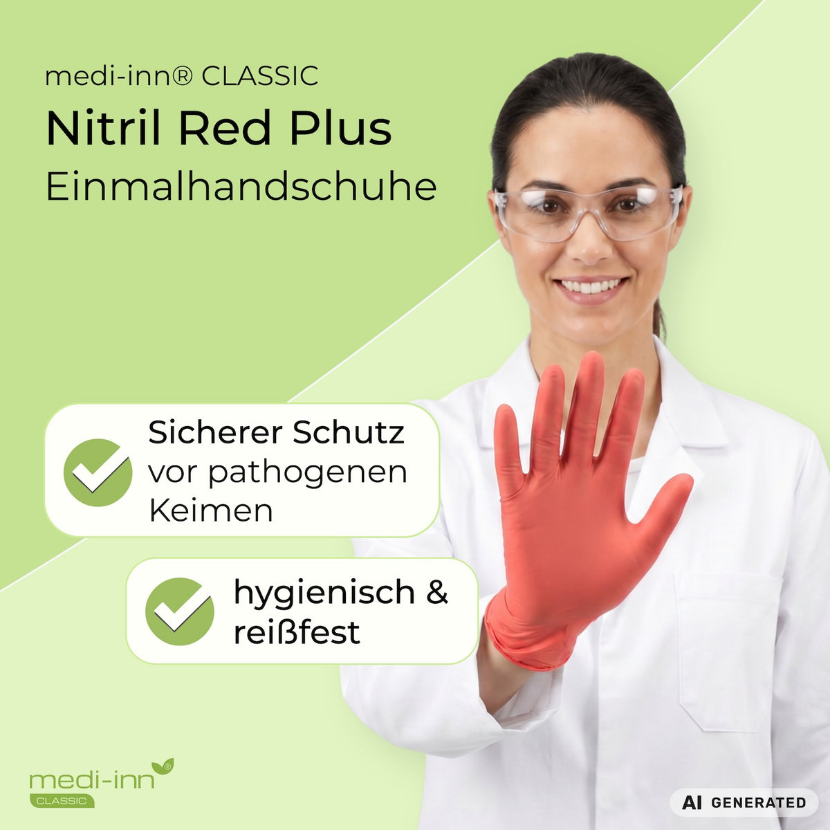 Eine Fachkraft aus dem Labor trägt den Medi-Inn Nitril Red Plus Einmalhandschuh. Daneben die Hinweise: Sicherer Schutz vor pathogenen Keimen, hygienisch & reißfest.
