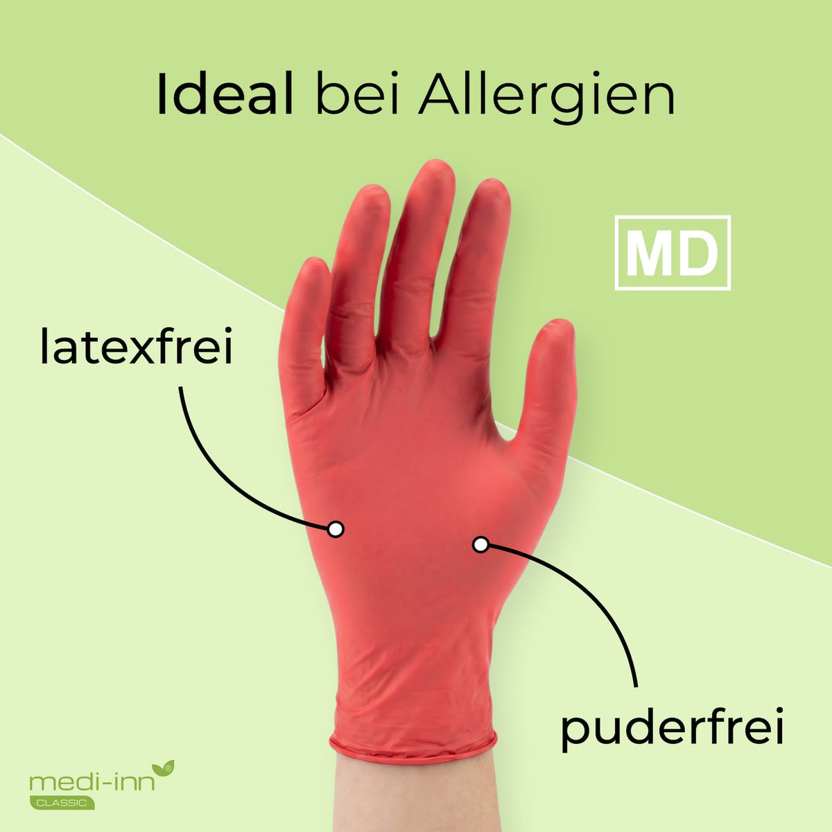 Frontalansicht eines Medi-Inn Nitril Red Plus Einmalhandschuhs mit den Hinweisen: latexfrei, puderfrei, Medizinprodukt.