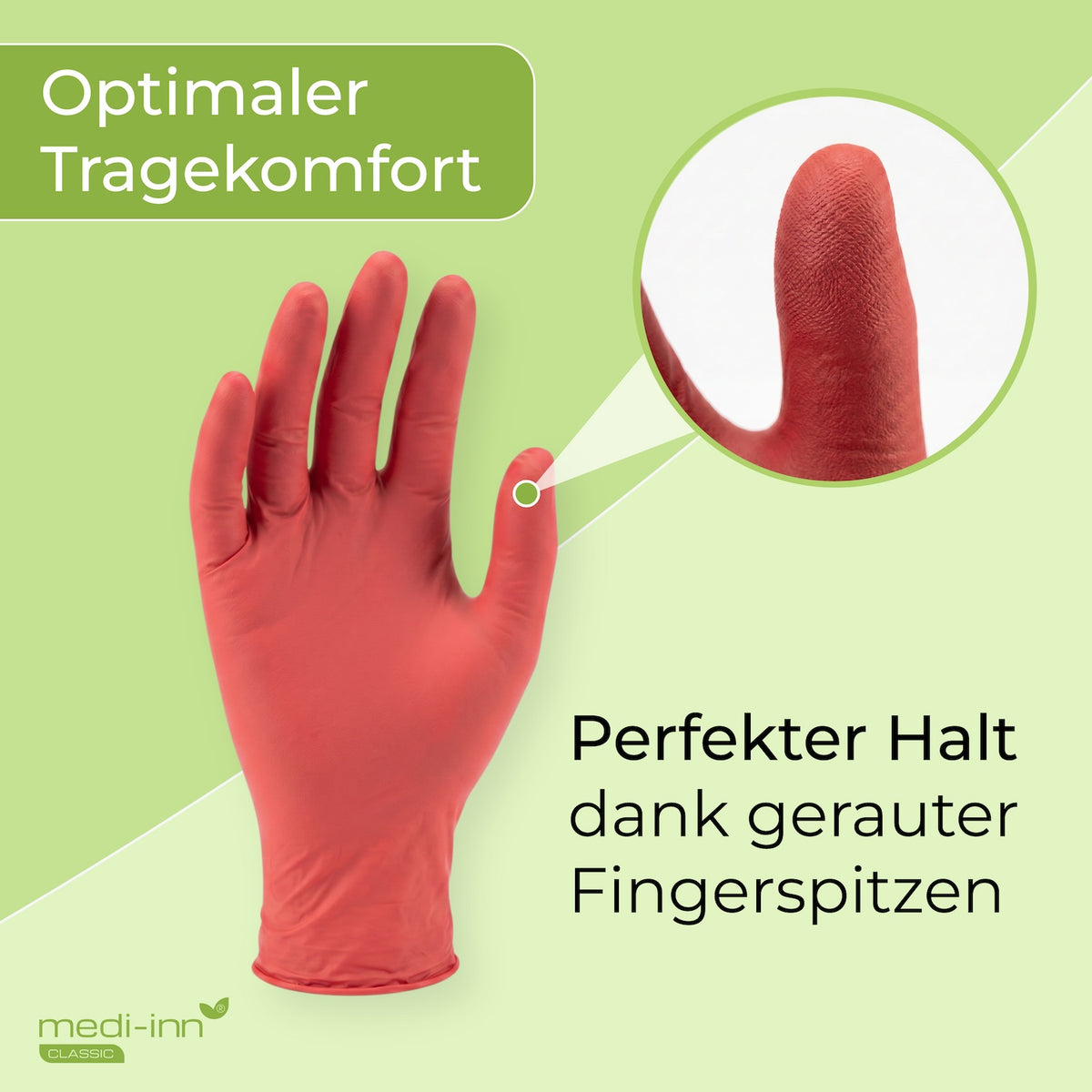 Frontalansicht eines Medi-Inn Nitril Red Plus Einmalhandschuhs mit den Hinweisen: Optimaler Tragekomfort, Perfekter Halt dank gerauter Fingerspitzen.