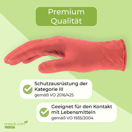 Hinweis: Premium Qualität, Schutzausrüstung der Kategorie 3, Geeignet für den Kontakt mit Lebensmitteln.