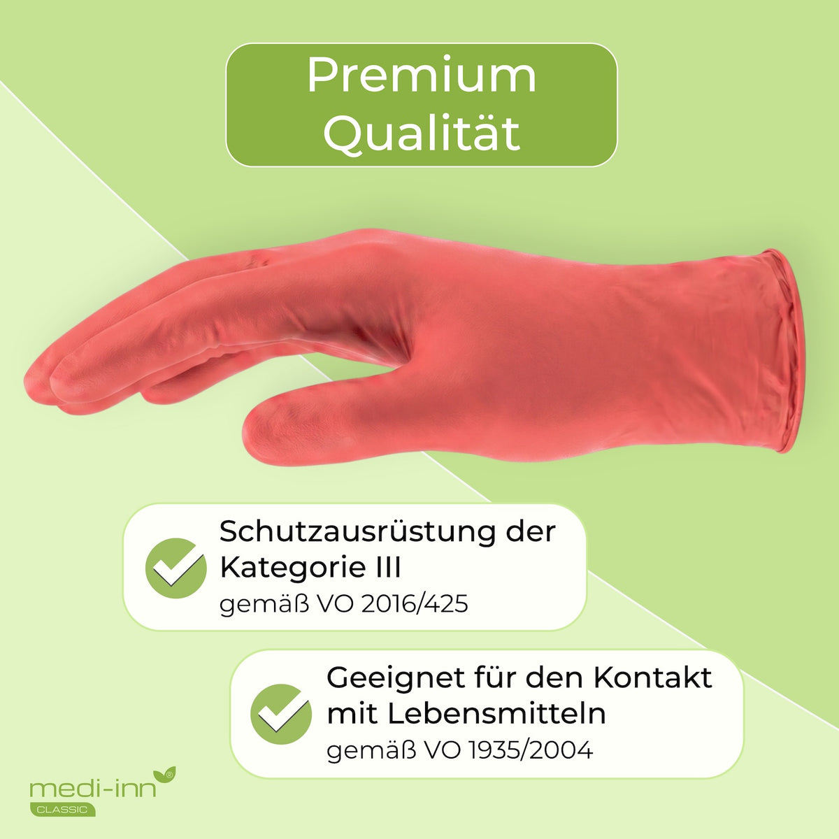 Seitliche Ansicht eines Medi-Inn Nitril Red Plus Einmalhandschuhs mit den Hinweisen: Premium Qualität, Schutzausrüstung der Kategorie III gemäß VO 2016/425, Geeignet für den Kontakt mit Lebensmitteln gemäß VO 1935/2004.