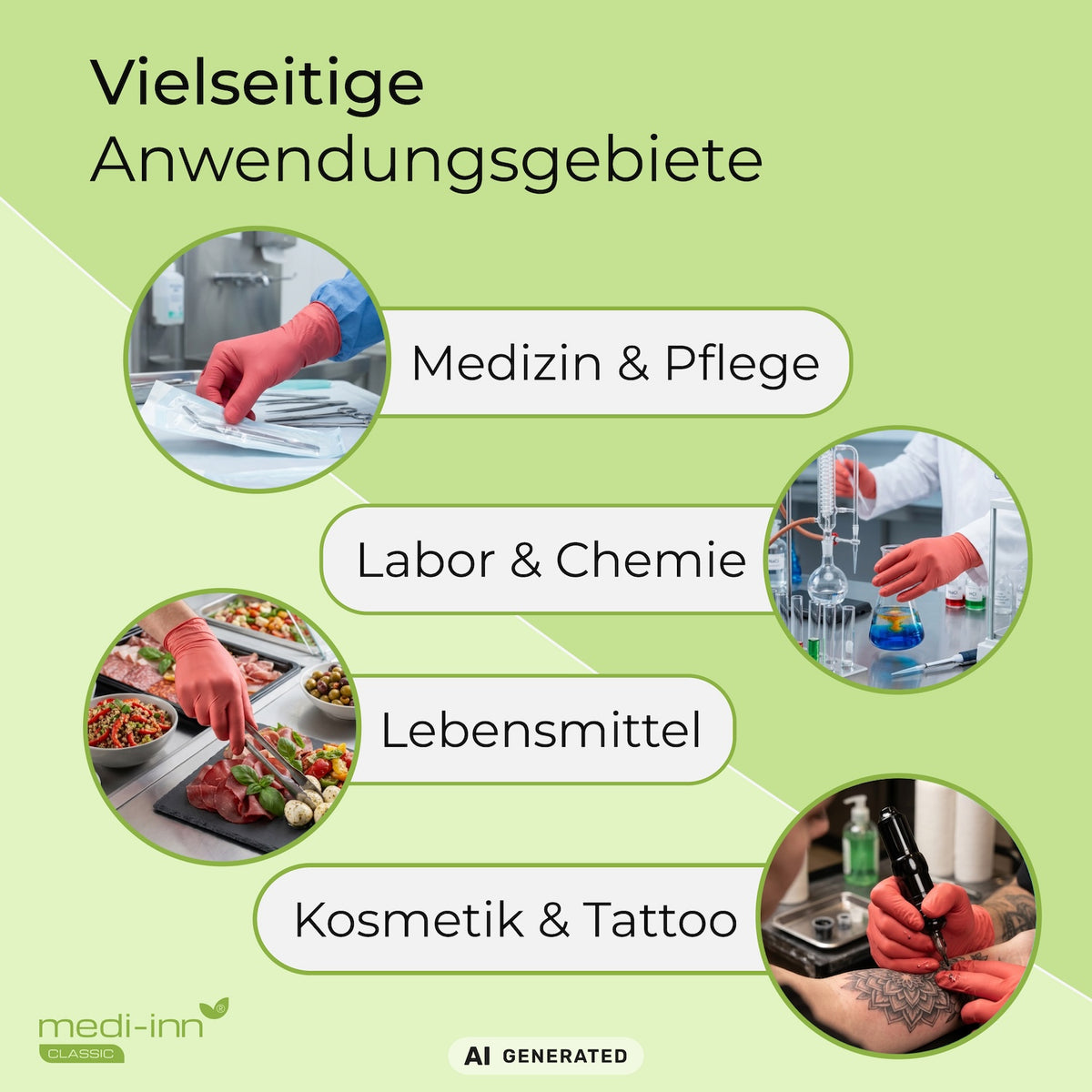 Hinweis auf die vielseitigen Anwendungsgebiete des Medi-Inn Nitril Red Plus Einmalhandschuhs: Medizin & Pflege, Labor & Chemie, Lebensmittel, Kosmetik & Tattoo.