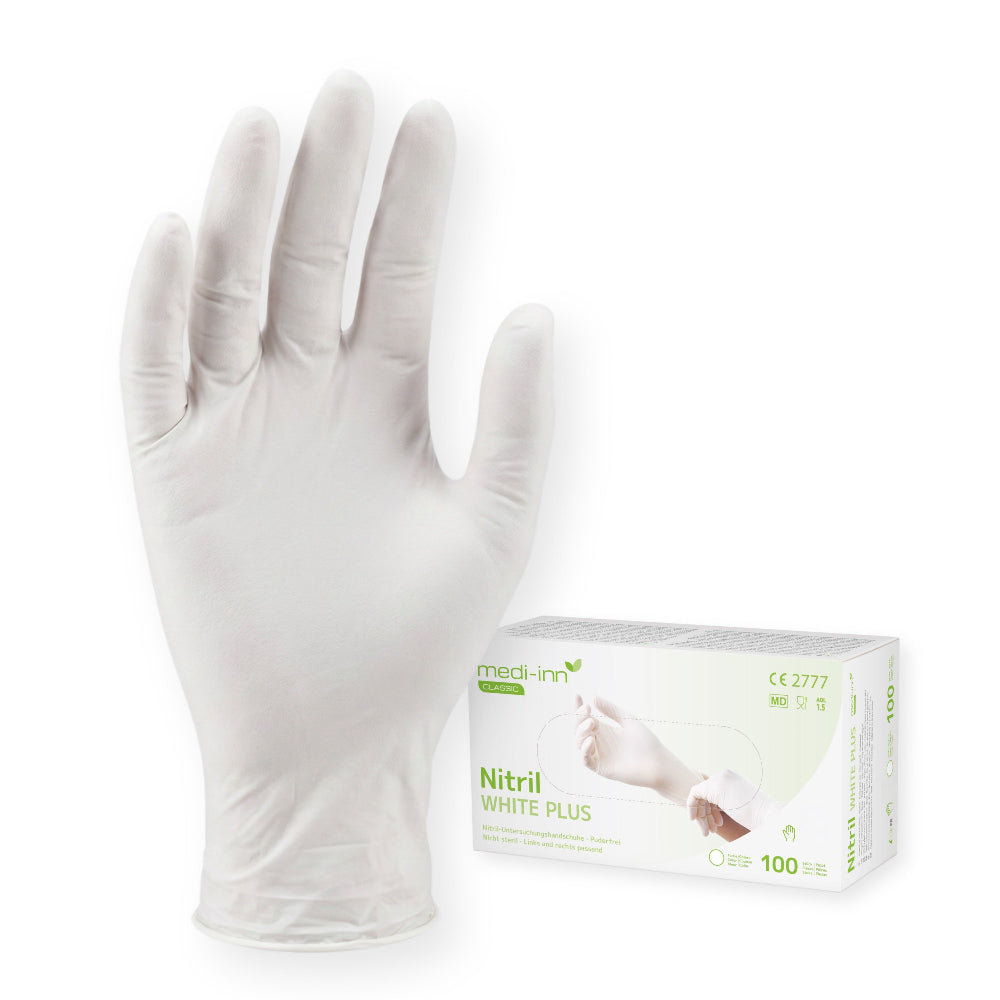 Frontalansicht des Medi-Inn Nitril White Plus Handschuhs und der Verpackung.