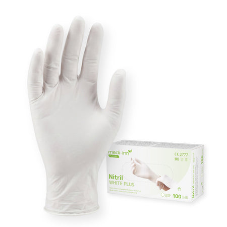 Frontalansicht des Medi-Inn Nitril White Plus Handschuhs und der Verpackung.
