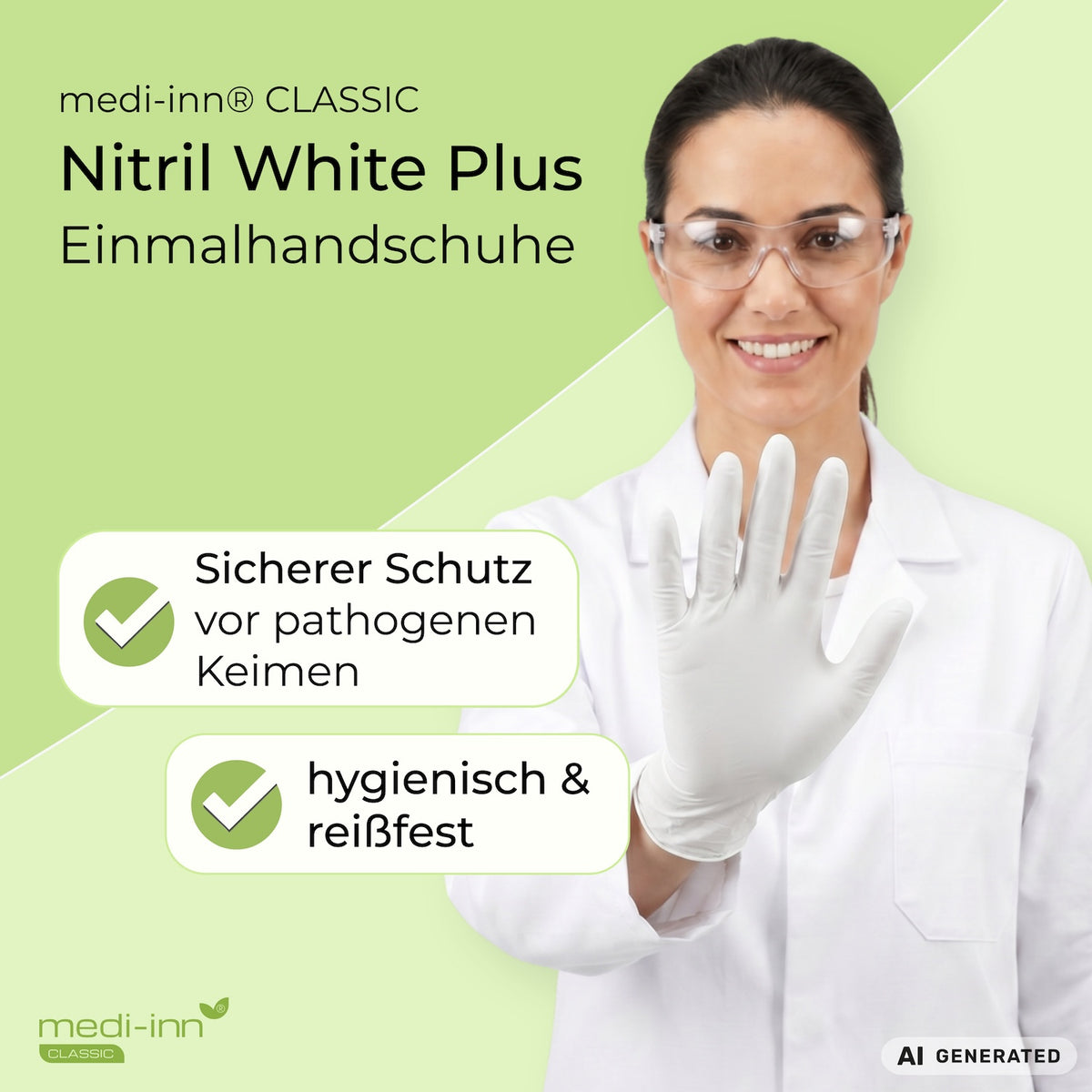 Eine Fachkraft aus dem Labor trägt den Medi-Inn Nitril White Plus Einmalhandschuh. Daneben die Hinweise: Sicherer Schutz vor pathogenen Keimen, hygienisch & reißfest.