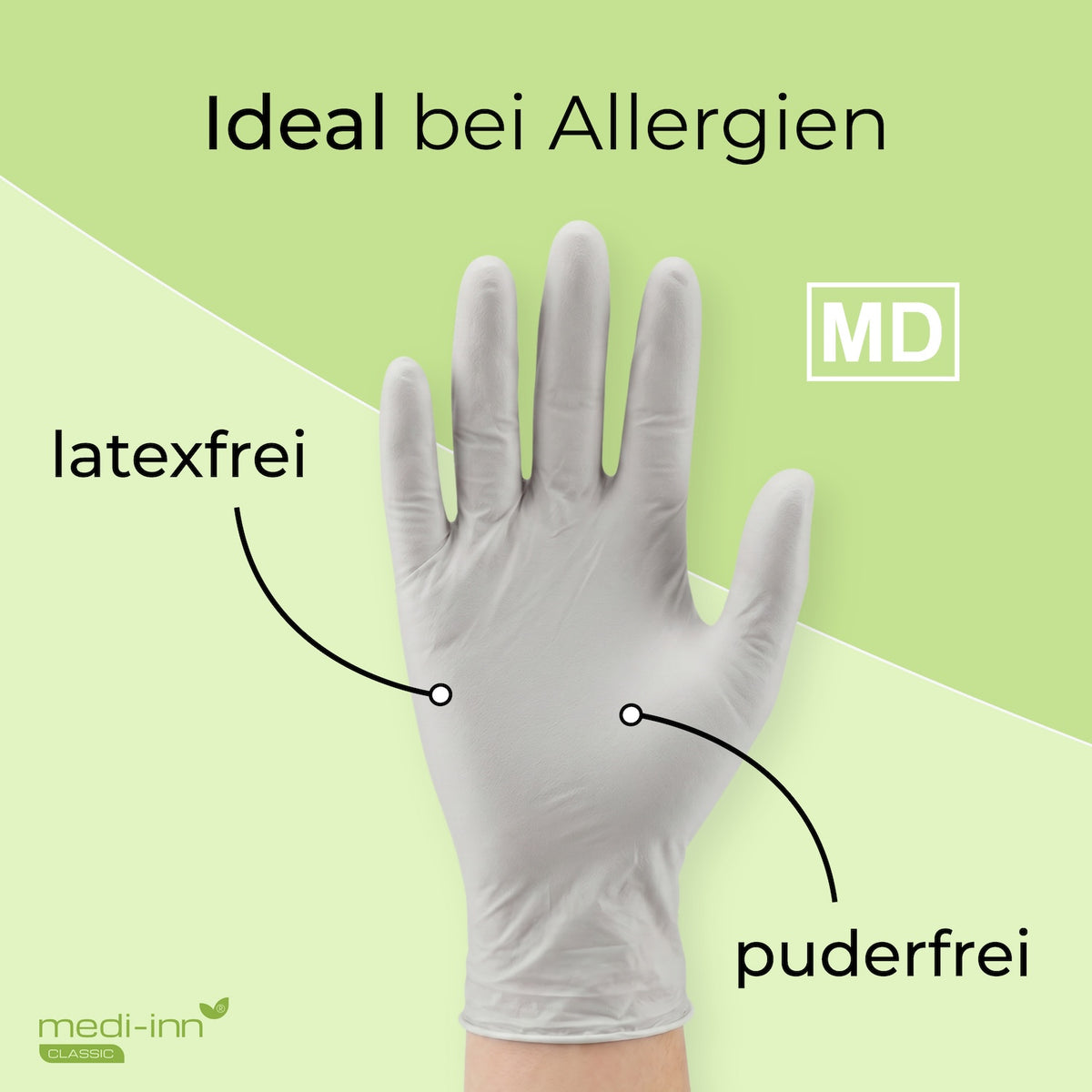 Frontalansicht eines Medi-Inn Nitril White Plus Einmalhandschuhs mit den Hinweisen: latexfrei, puderfrei, Medizinprodukt.