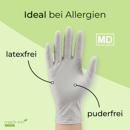 Frontalansicht eines Medi-Inn Nitril White Plus Einmalhandschuhs mit den Hinweisen: latexfrei, puderfrei, Medizinprodukt.