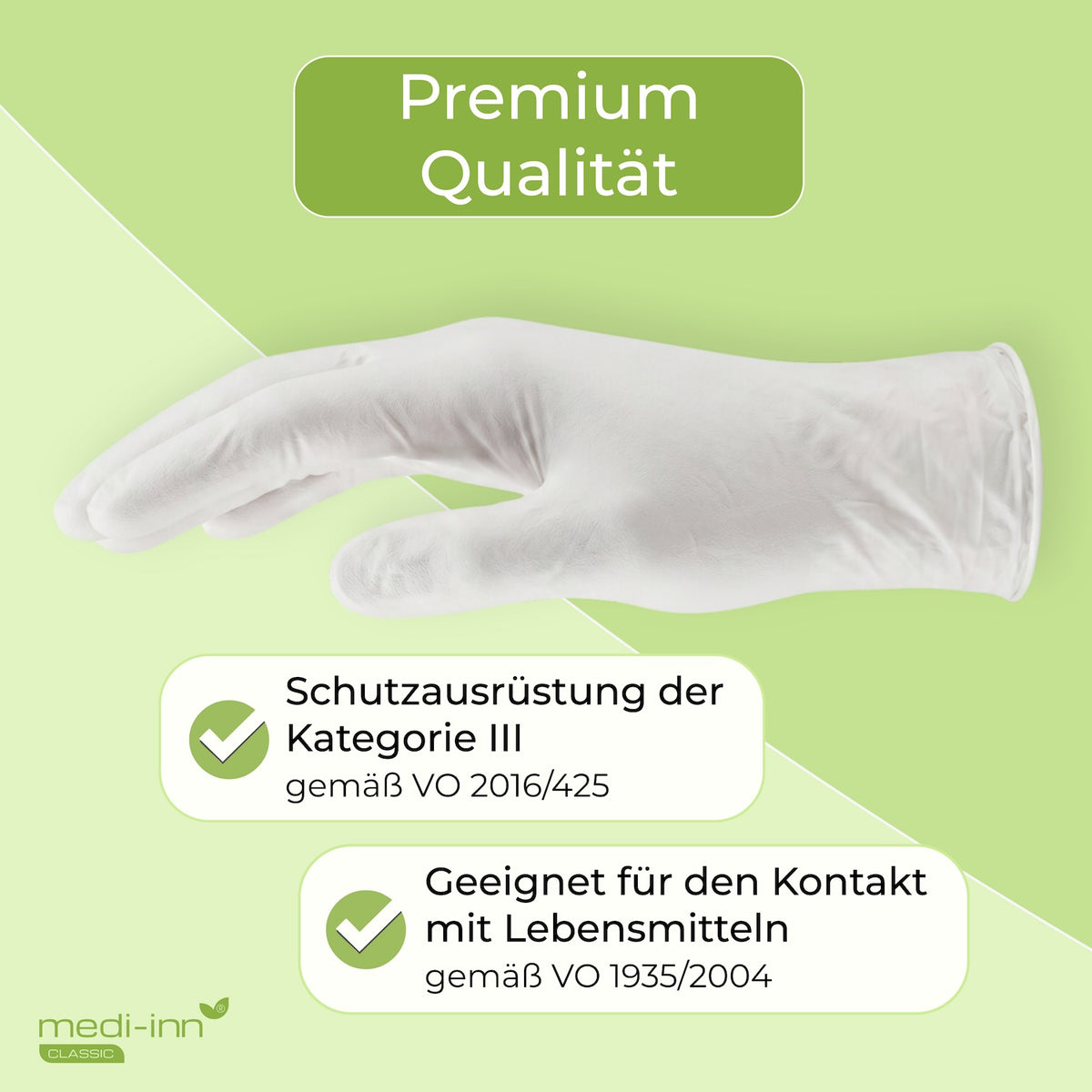 Seitliche Ansicht eines Medi-Inn Nitril White Plus Einmalhandschuhs mit den Hinweisen: Premium Qualität, Schutzausrüstung der Kategorie III gemäß VO 2016/425, Geeignet für den Kontakt mit Lebensmitteln gemäß VO 1935/2004.