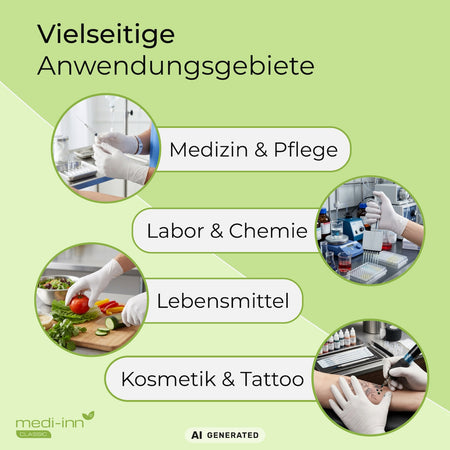 Hinweis auf die vielseitigen Anwendungsgebiete des Medi-Inn Nitril White Plus Einmalhandschuhs: Medizin & Pflege, Labor & Chemie, Lebensmittel, Kosmetik & Tattoo.