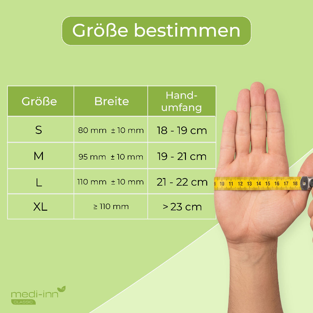 Größentabelle: S (18 - 19 cm Handumfang), M (19 - 21 cm Handumfang), L (21 - 22 cm Handumfang), XL ( mehr als 23 cm Handumfang).