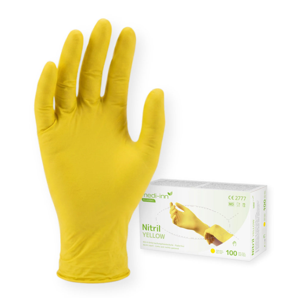Frontalansicht des Medi-Inn Nitril Yellow Handschuhs und der Verpackung.