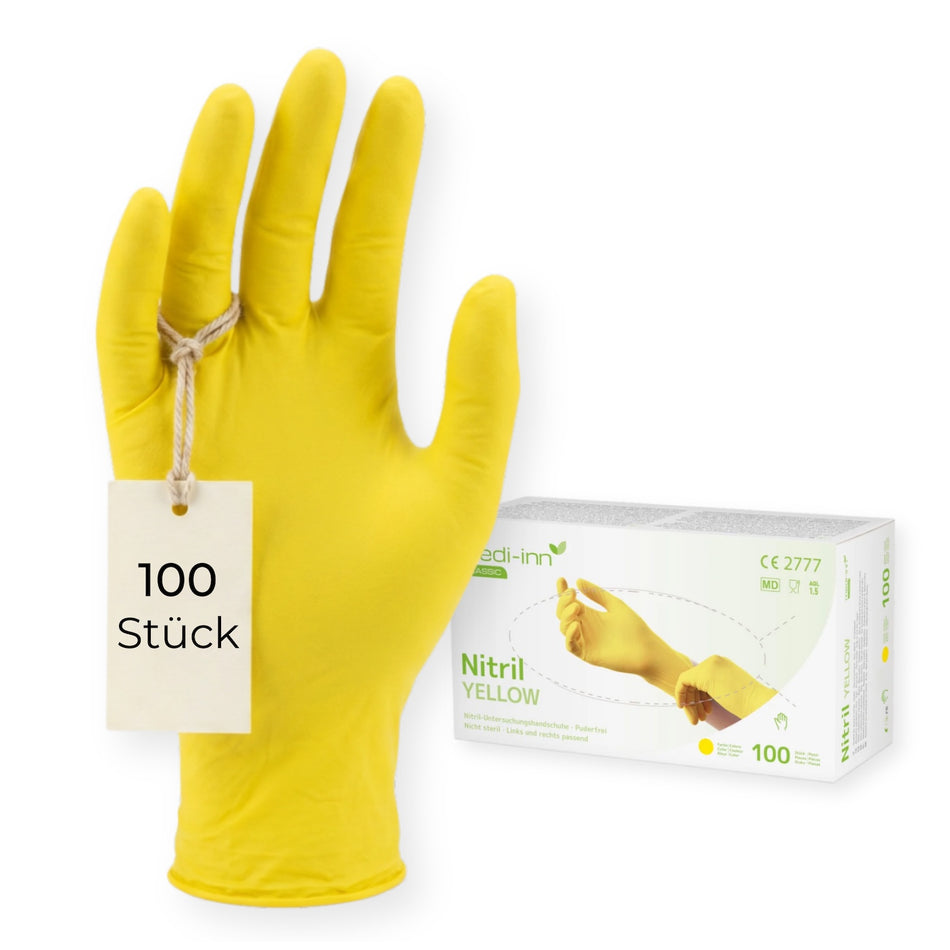 Frontalansicht eines Medi-Inn Nitril Yellow Einmalhandschuhs neben der Verpackung mit 100 Stück.