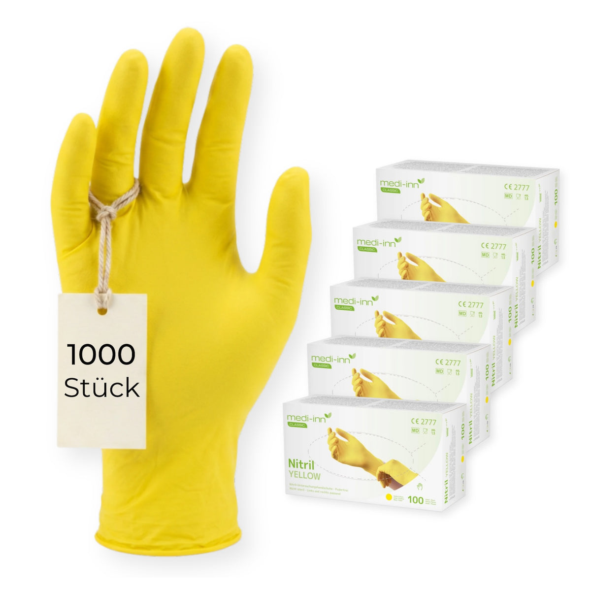 Frontalansicht eines Medi-Inn Nitril Yellow Einmalhandschuhs neben den Verpackungen mit 1000 Stück.