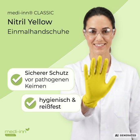 Eine Fachkraft aus dem Labor trägt den Medi-Inn Nitril Yellow Einmalhandschuh. Daneben die Hinweise: Sicherer Schutz vor pathogenen Keimen, hygienisch & reißfest.
