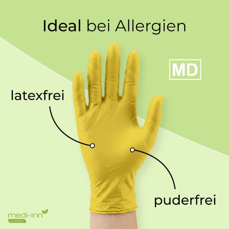 Frontalansicht eines Medi-Inn Nitril Yellow Einmalhandschuhs mit den Hinweisen: latexfrei, puderfrei, Medizinprodukt.