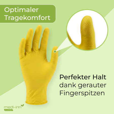 Frontalansicht eines Medi-Inn Nitril Yellow Einmalhandschuhs mit den Hinweisen: Optimaler Tragekomfort, Perfekter Halt dank gerauter Fingerspitzen.