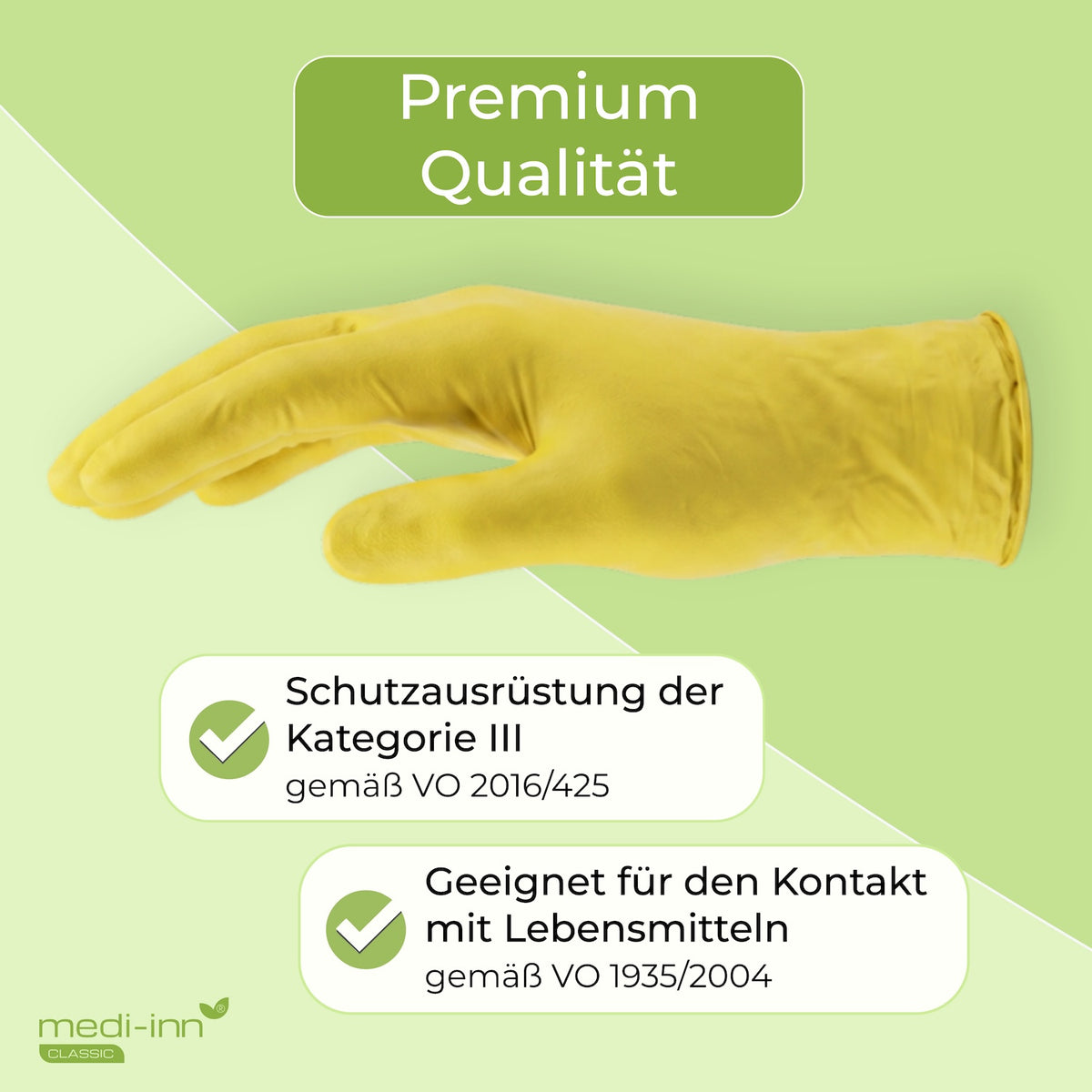 Seitliche Ansicht eines Medi-Inn Nitril Yellow Einmalhandschuhs mit den Hinweisen: Premium Qualität, Schutzausrüstung der Kategorie III gemäß VO 2016/425, Geeignet für den Kontakt mit Lebensmitteln gemäß VO 1935/2004.