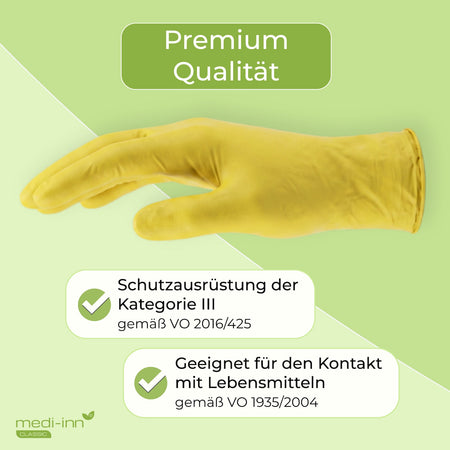 Seitliche Ansicht eines Medi-Inn Nitril Yellow Einmalhandschuhs mit den Hinweisen: Premium Qualität, Schutzausrüstung der Kategorie III gemäß VO 2016/425, Geeignet für den Kontakt mit Lebensmitteln gemäß VO 1935/2004.