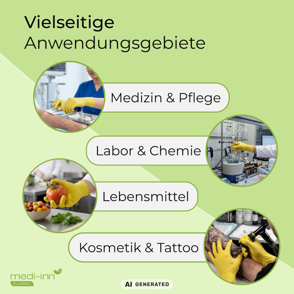 Hinweis auf die vielseitigen Anwendungsgebiete des Medi-Inn Nitril Yellow Einmalhandschuhs: Medizin & Pflege, Labor & Chemie, Lebensmittel, Kosmetik & Tattoo.