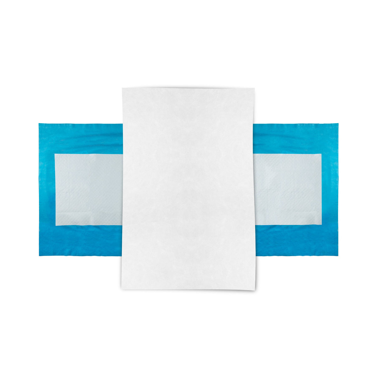 Flach ausgelegte OP-Tischabdeckung mit großer weißer Mittelfläche und blauen Tragetüchern an beiden Seiten.
