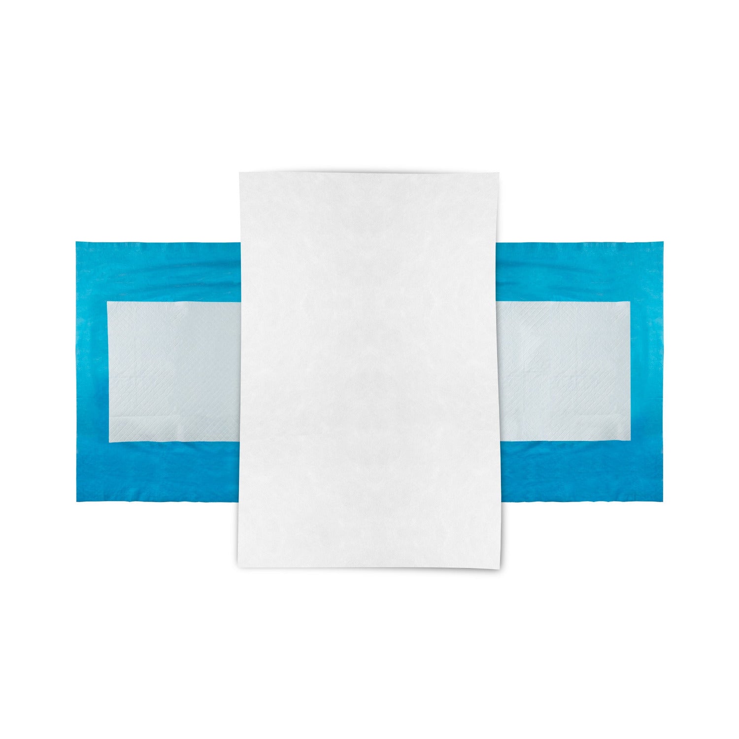 Flach ausgelegte OP-Tischabdeckung mit großer weißer Mittelfläche und blauen Tragetüchern an beiden Seiten.