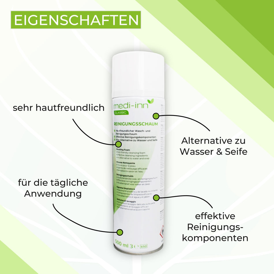 Bild des Reinigungsschaums von Medi-Inn in einer 500 ml Flasche. Die Flasche hat ein ansprechendes, modernes Design mit einem hellblauen Etikett, das Informationen über das Produkt enthält. Der Schaum ist in einer transparenten, stabilen Flasche untergebracht, die mit einem weißen Pumpkopf versehen ist, der für eine einfache Anwendung sorgt. Im Hintergrund ist ein heller, neutraler Untergrund, der den Fokus auf das Produkt lenkt.