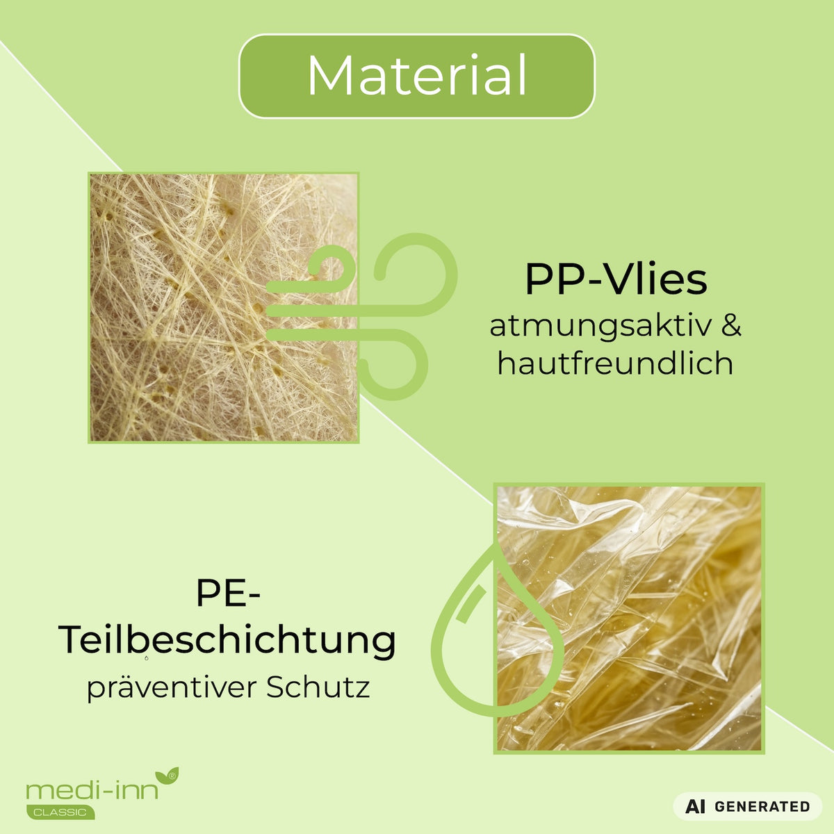 Material: PP-Vlies - atmungsaktiv & hautfreundlich, PE-Teilbeschichtung - präventiver Schutz