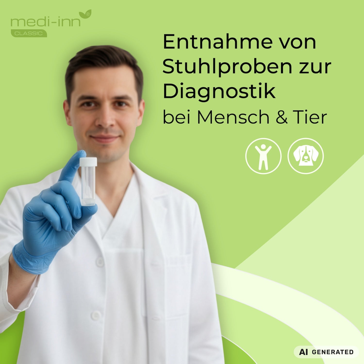 Medizinische Fachkraft hält Medi-Inn Stuhlröhrchen in die Kamera, daneben der Hinweis: Entnahme von Stuhlproben zur Diagnostik bei Mensch & Tier