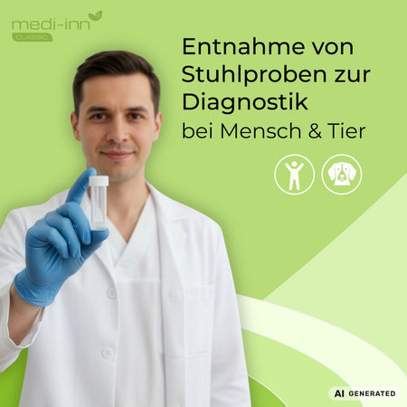 Medizinische Fachkraft hält Medi-Inn Stuhlröhrchen in die Kamera, daneben der Hinweis: Entnahme von Stuhlproben zur Diagnostik bei Mensch & Tier